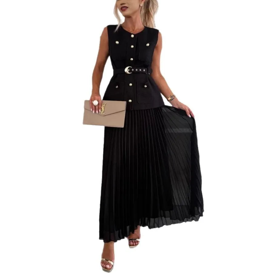 Elegant Long Dresses 2 Piece Set Women Summer Autumn Top Single Breasted Tweed Jacket A Line Chiffon Maxi Skirts Suits Outfits