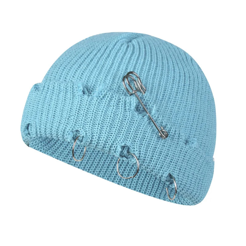 Hat for Women Autumn and Winter Ring Pin Street Hip-Hop Woolen Hats with Holes Edging Knit Cap Men's Trendy Cold-proof Beanies