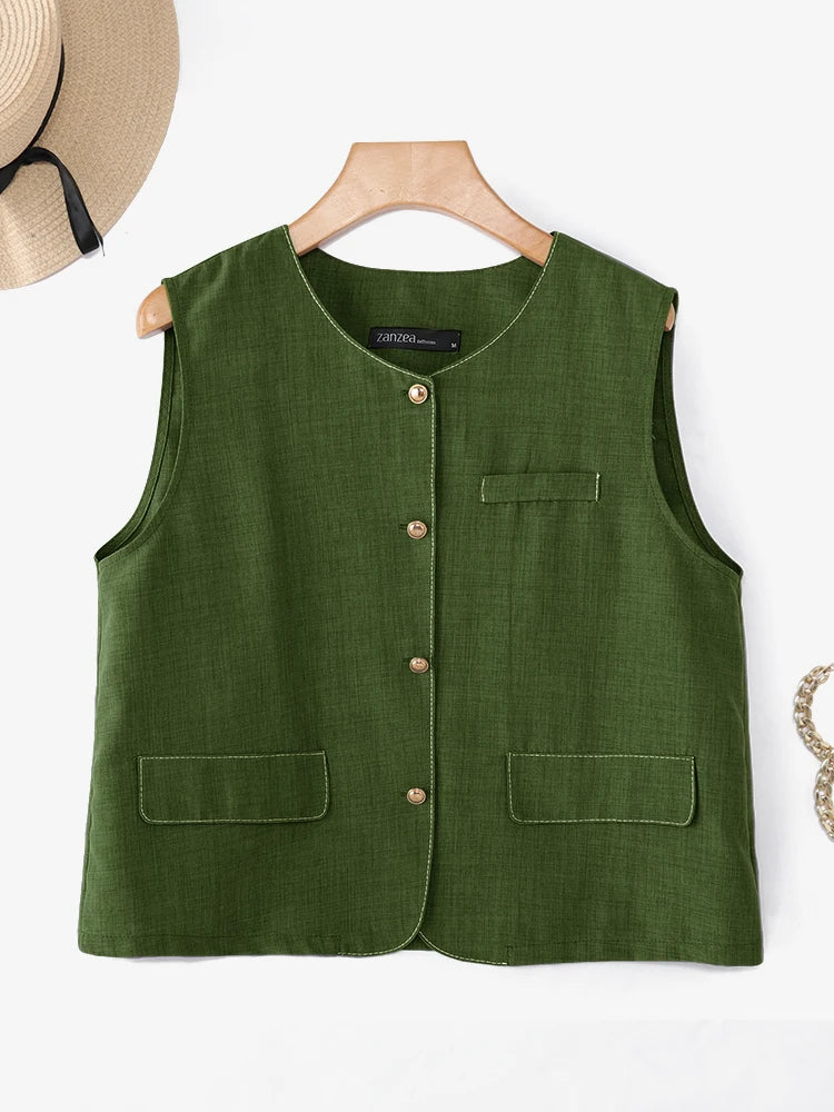 ZANZEA Outerwear 2025 Fashion Women Vests Thin Coats Sleeveless Casual Loose Solid Color Elegant Streetwear Summer Buttons Shirt
