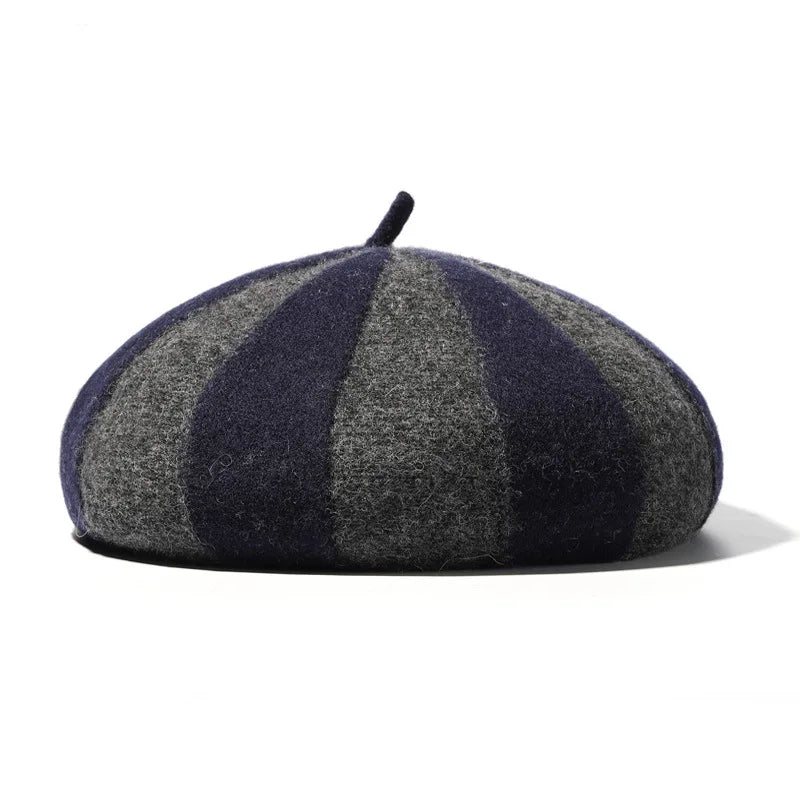 Women's Hat 100% Wool Beret Knitted Tweed Contrast Stripe Japanese Painter British Retro Autumn Winter Hats