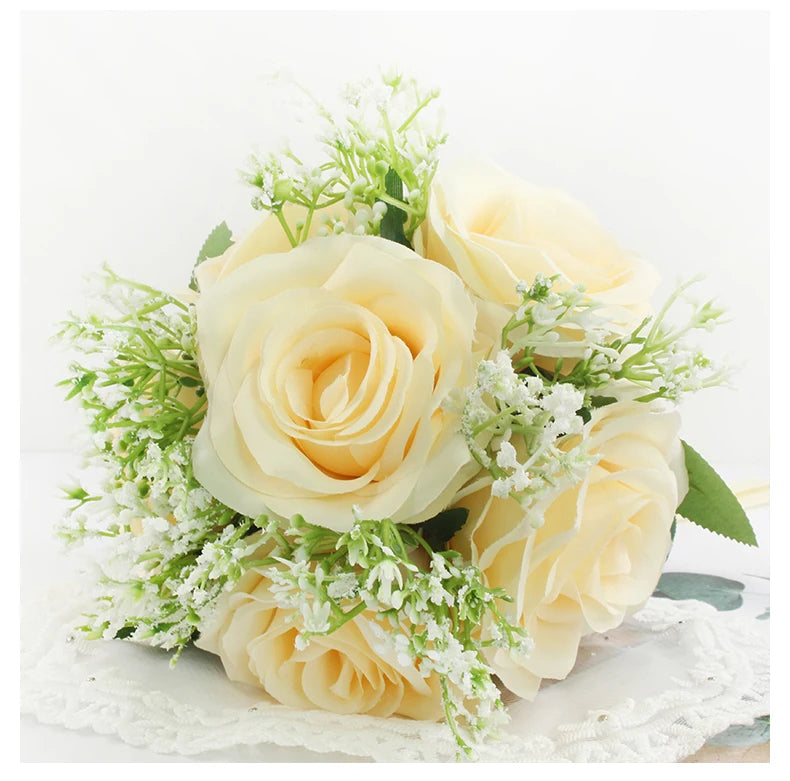 Bridal Bridesmaids Bouquets with Bowknot Ivory Roses Silk Flowers Bouquet for Valentine's Day Marriage Wedding Bride Photography