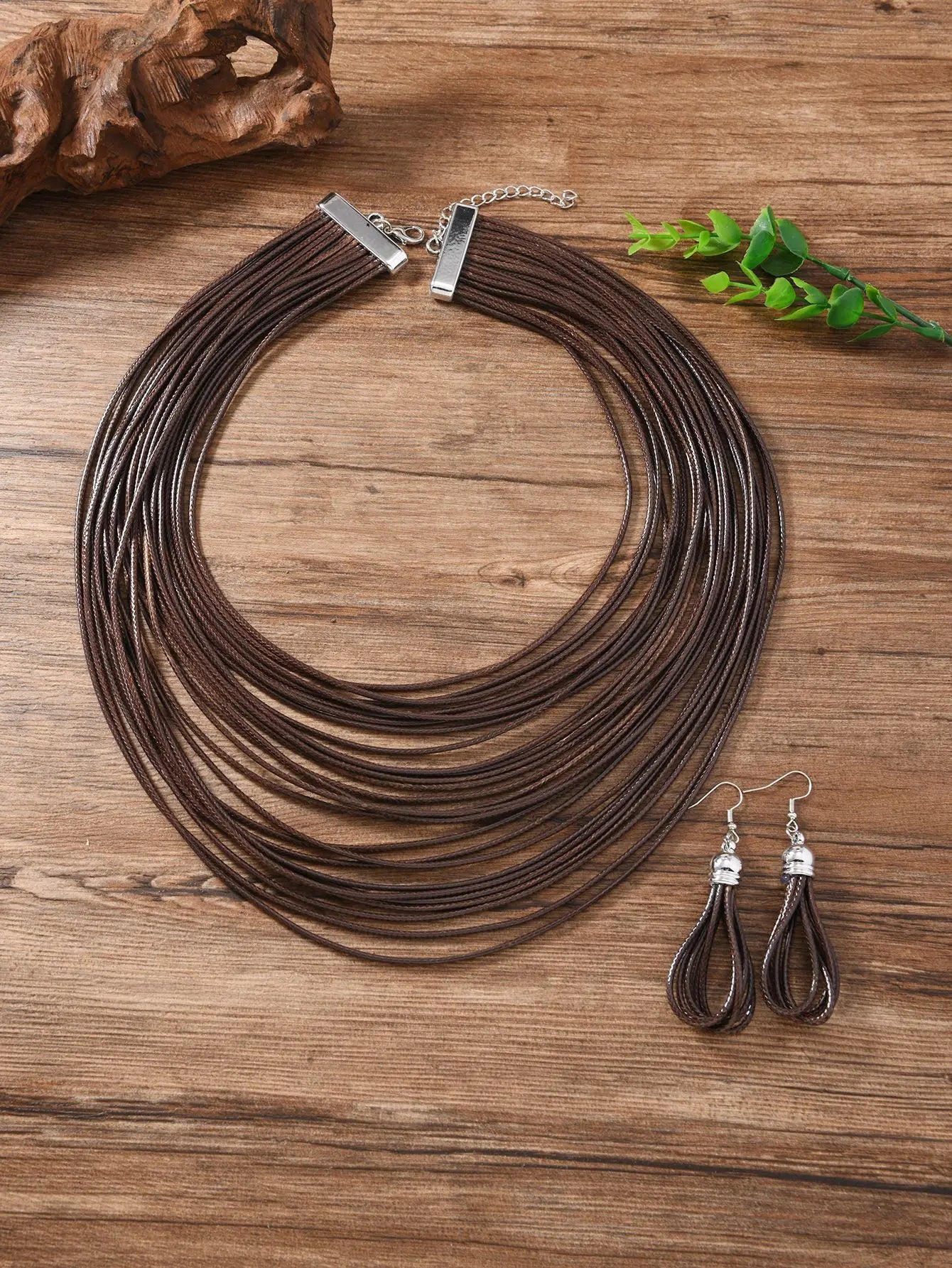Jewelry Sets for Women, Multi-layer Wax Thread Hand-woven Necklace, Fashion and Personality Choker + Dangle Earrings