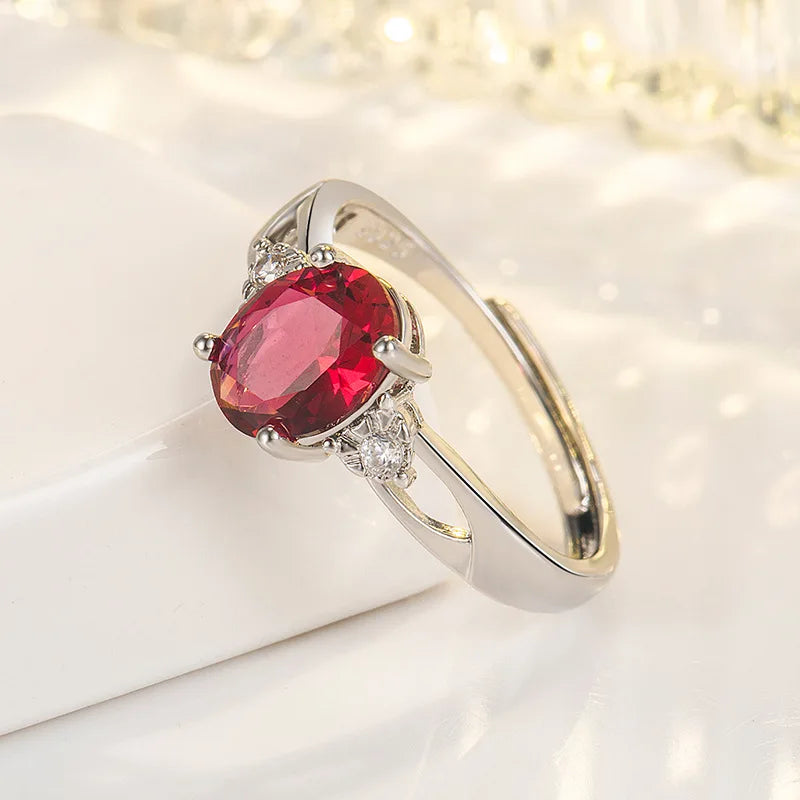 Classic Ring 925 Silver Jewelry with Oval Ruby Zircon Gemstone Open Finger Rings for Women Wedding Party Promise Gift Ornaments