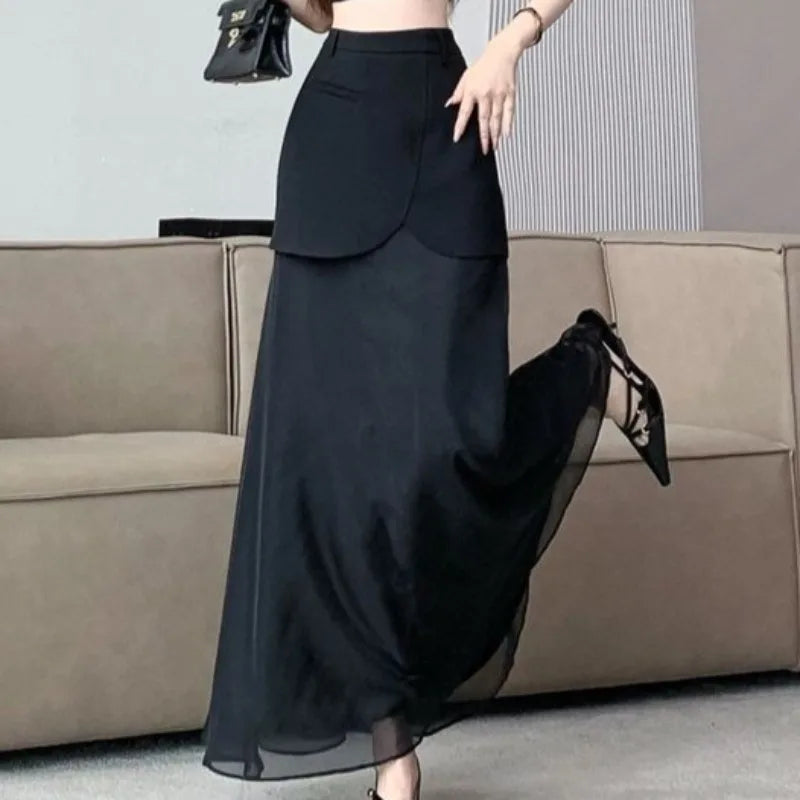 Fashion Skirts for Women All-match Black Cool Girls Summer High Waist Casual Ankle-length Loose A-line Patchwork New Fake 2 Pcs