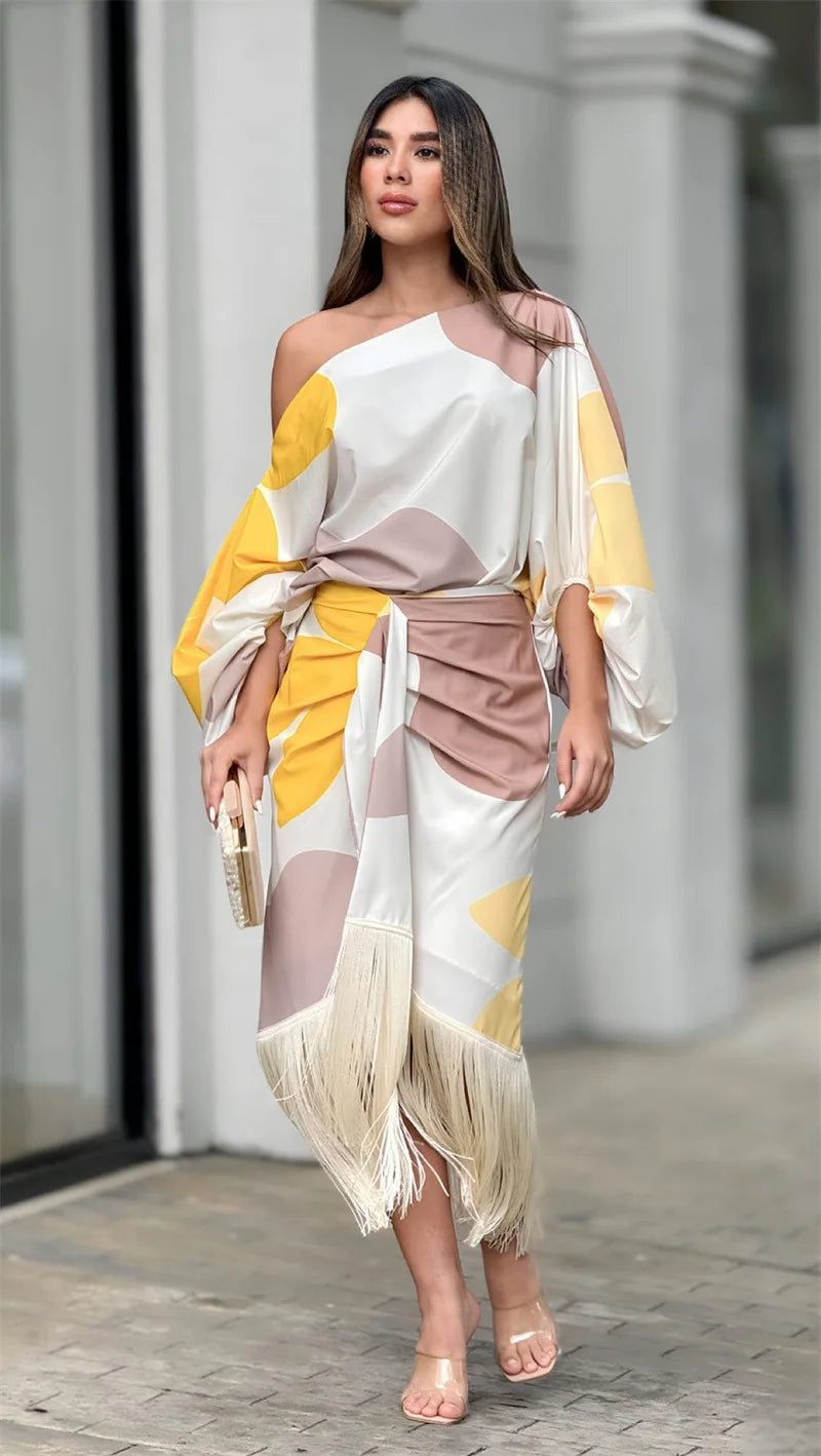 Two Piece Set Women Dress Outfit Spring Fashion Print Lantern Sleeve Diagonal Collar Top Tassel Hem High Waist Skirt Set 2 Piece