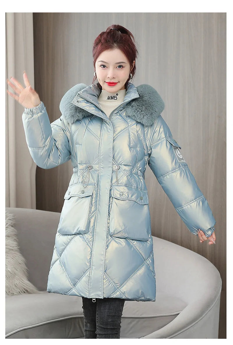 Champagne Winter Jacket Parkas Women Coat Fur Collar Hooded Overcoat Female Jacket Thick Warm Cotton Padded Puffer Parka Outwear