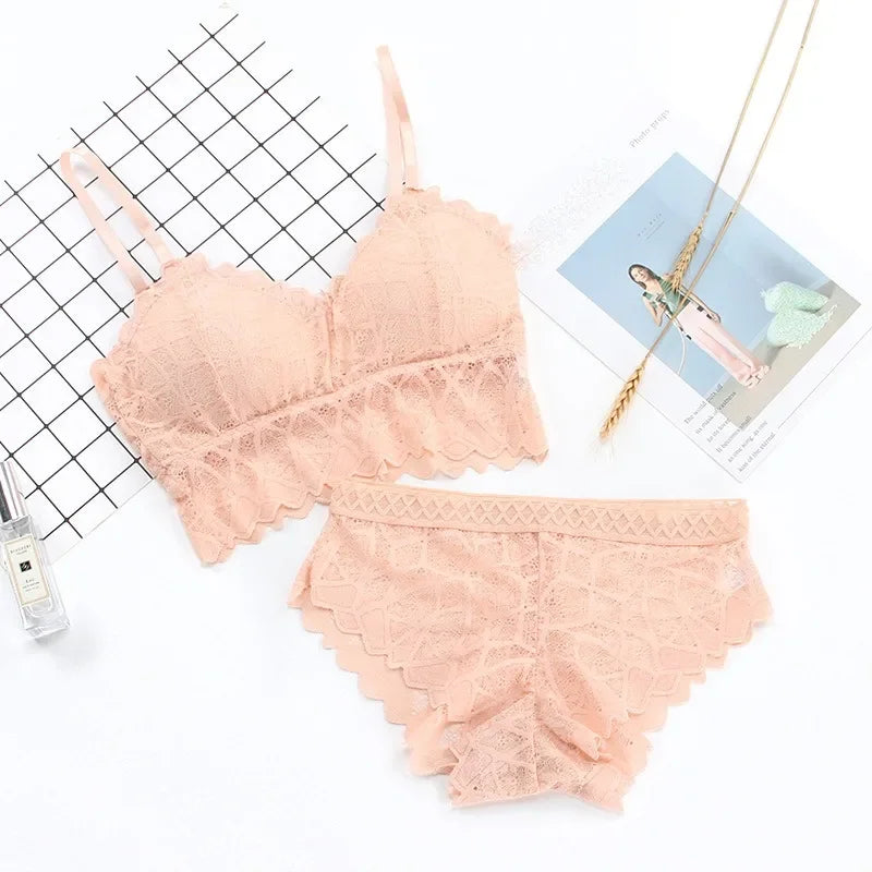 Women's Bra Set Sexy Beauty Back Tops Lace Push-up Bras and Panty Sets Wire Free Lingerie Solid Padded Intimates Underwear