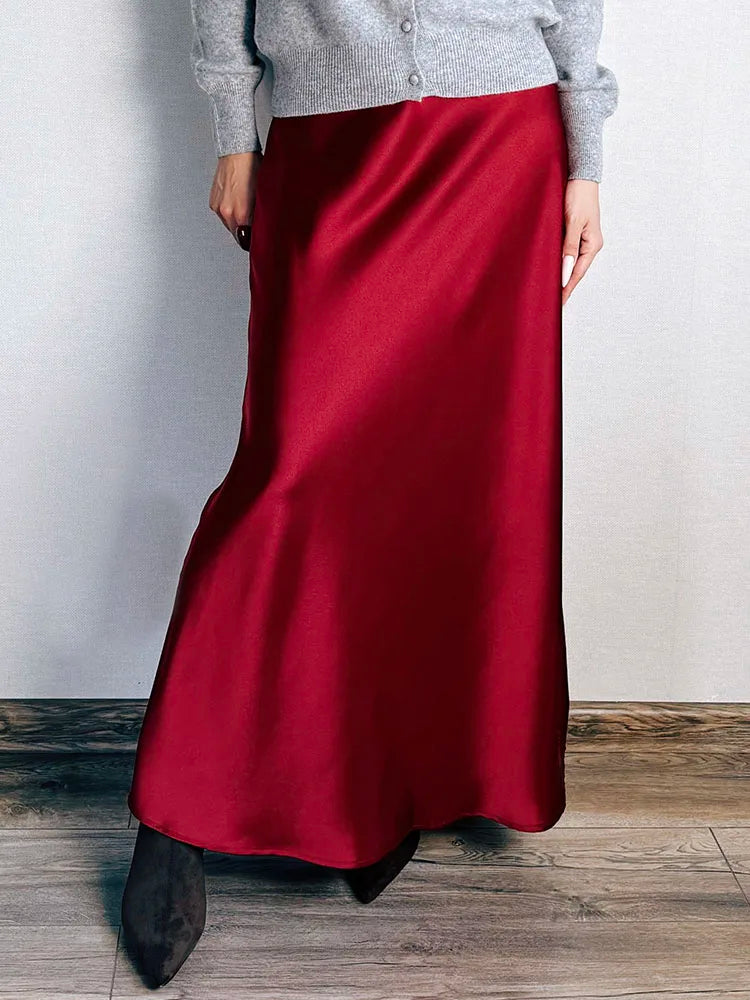 Long Black Satin Skirts Women For Work Summer Autumn Straight Brown Skirt Long Belt Coffee Formal Silk Maxi Skirt For Ladies