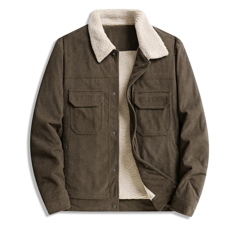 Winter Jackets Men Casual Fleece Warm Turn Down Collar Corduroy Coat Fashion Solid Color Outerwear Coats Daily Mens Clothing