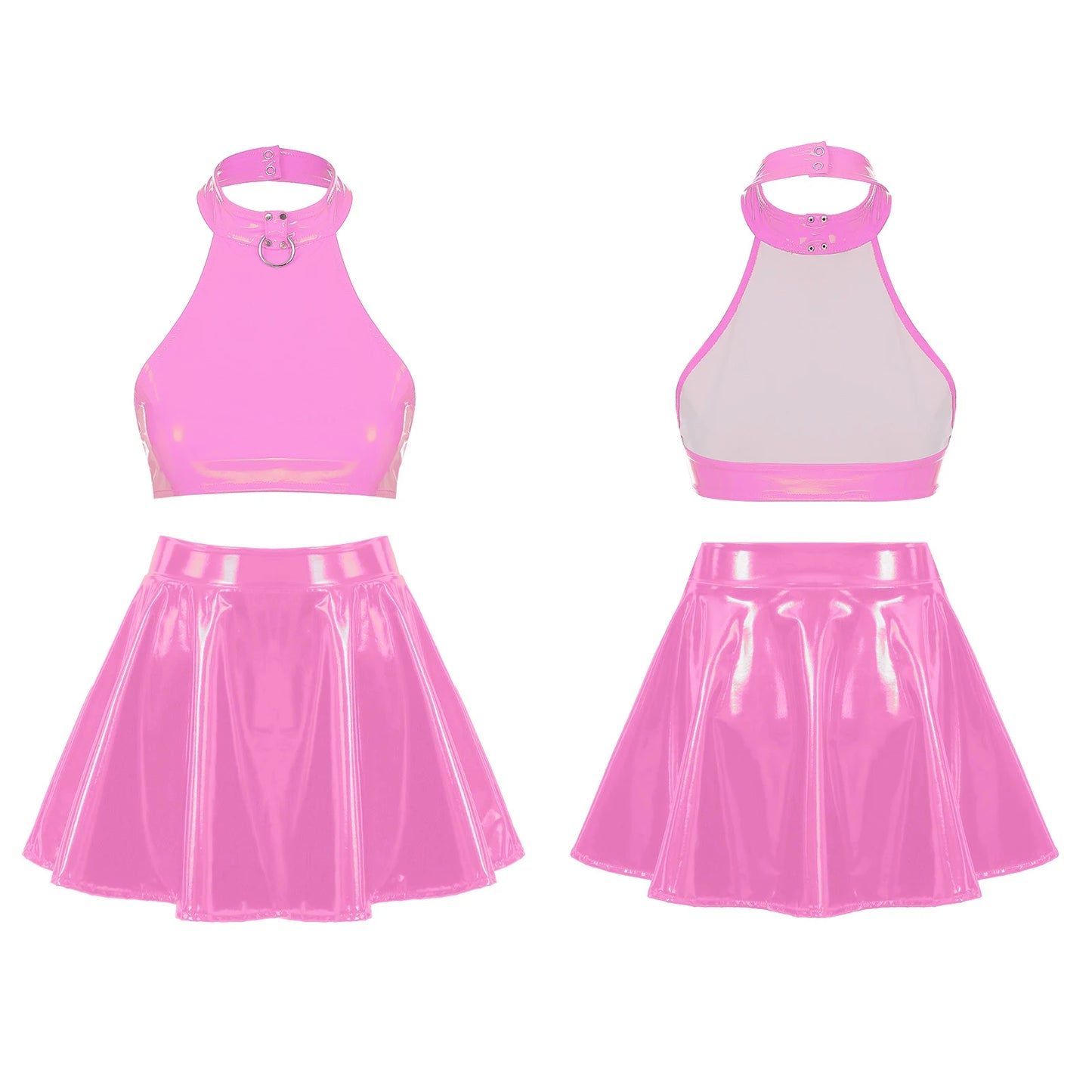 Womens Two Pieces Rave Party Outfits O Ring Halter Vest Tops Backless Patent Leather Crop Top with Invisible Zipper Flared Skirt