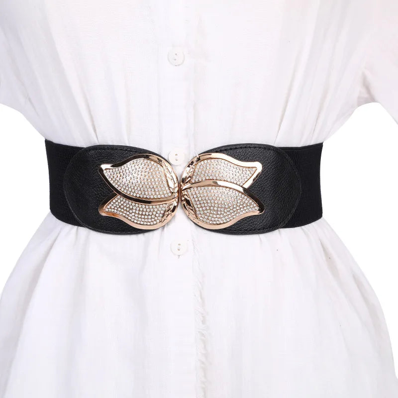 Beautiful Belts for Woman Beautiful Gold Color Metal Buckle 6cm Width Elastic Band Belt Versatile Tight Belts