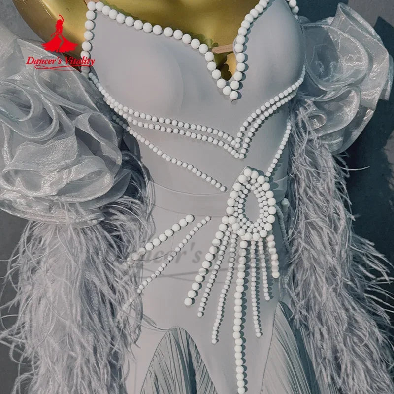Modern Dance Performance Costume High-end Luxury Feather Backless Dress Adult and Children's Ballroom Dance Competition Clothing