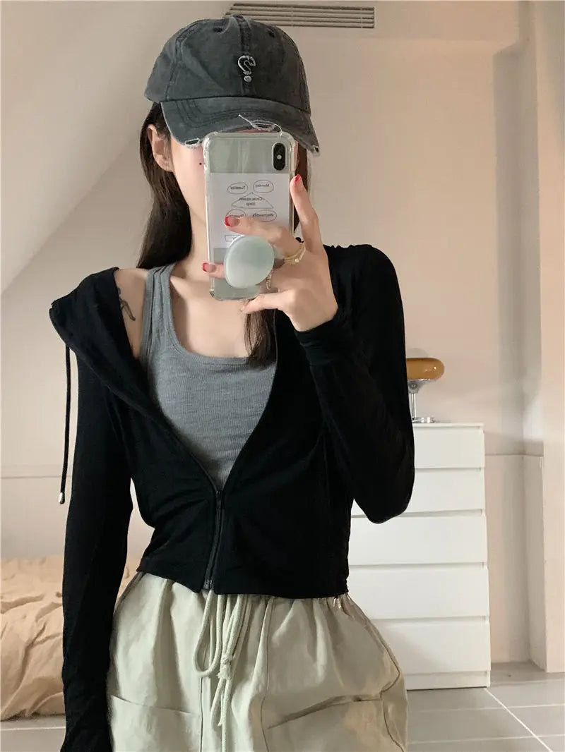 Hooded Jackets Women Thin Sunscreen Solid Fashion Summer Long Sleeve Cropped Coats All-match College Breathable Sporty Popular