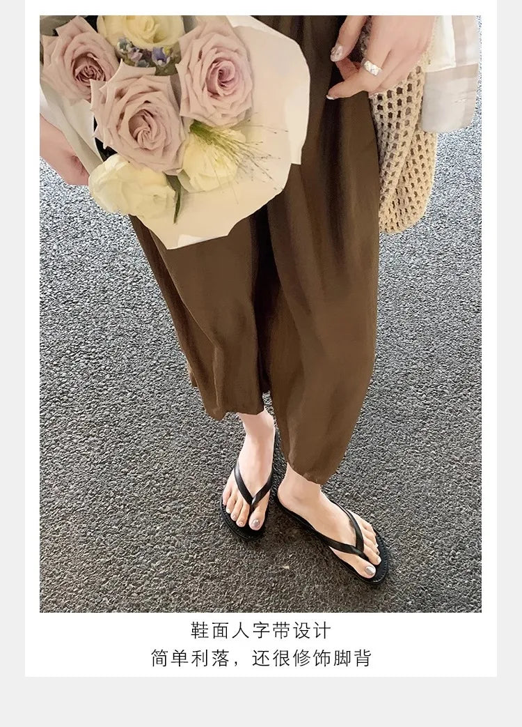 Slippers Casual Low Female Shoes Rubber Flip Flops Slides Luxury 2025 Summer Flat Hawaiian PU Hoof Heels Rome Scandals Fabric Si