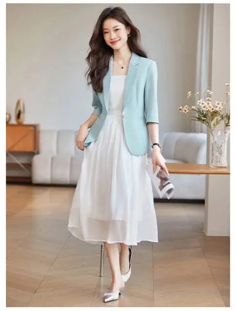 Women's Suit Female Clothing Elegant Woman Oversize Student Fashionable Slim Fit Seven Quarter Rolled Shoulder Pads Tops