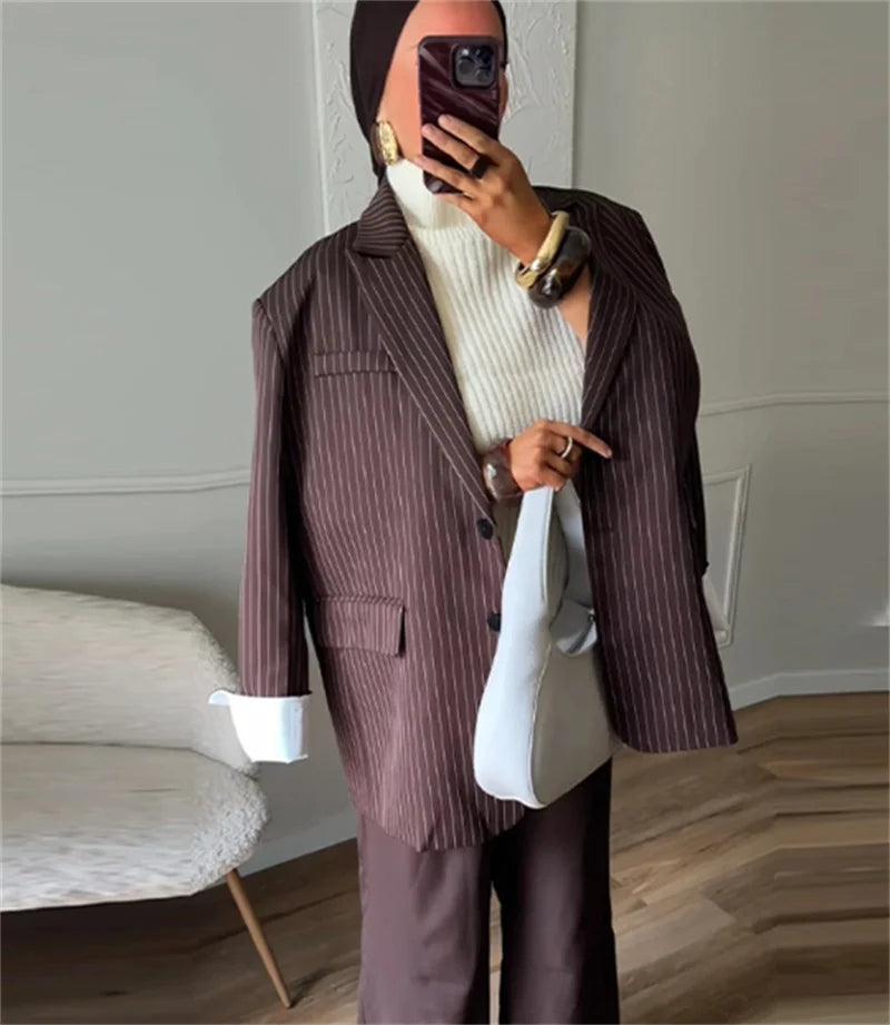 Women's Suit - Blogger Style Brown Striped Loose Fit Two-Button Versatile Blazer Spring and Autumn Fashion Women's Wear