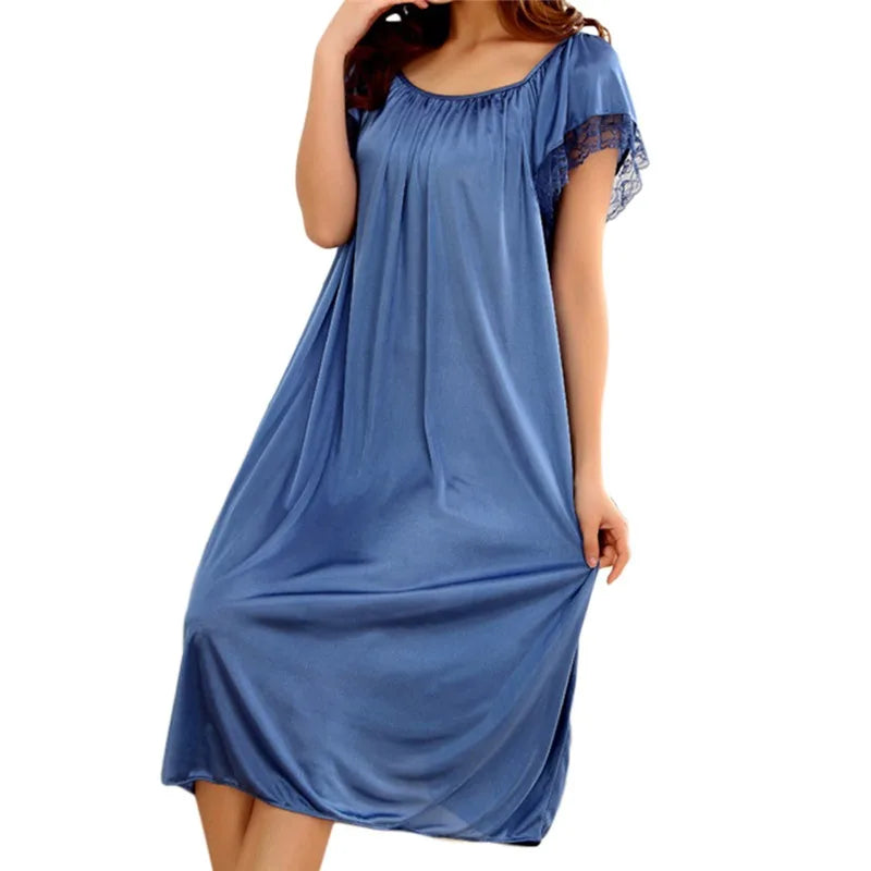 Women Night Gowns Sleepwear Lace Patchwork Nightwear Long Sleeping Dress Casual Ladies Home Dressing