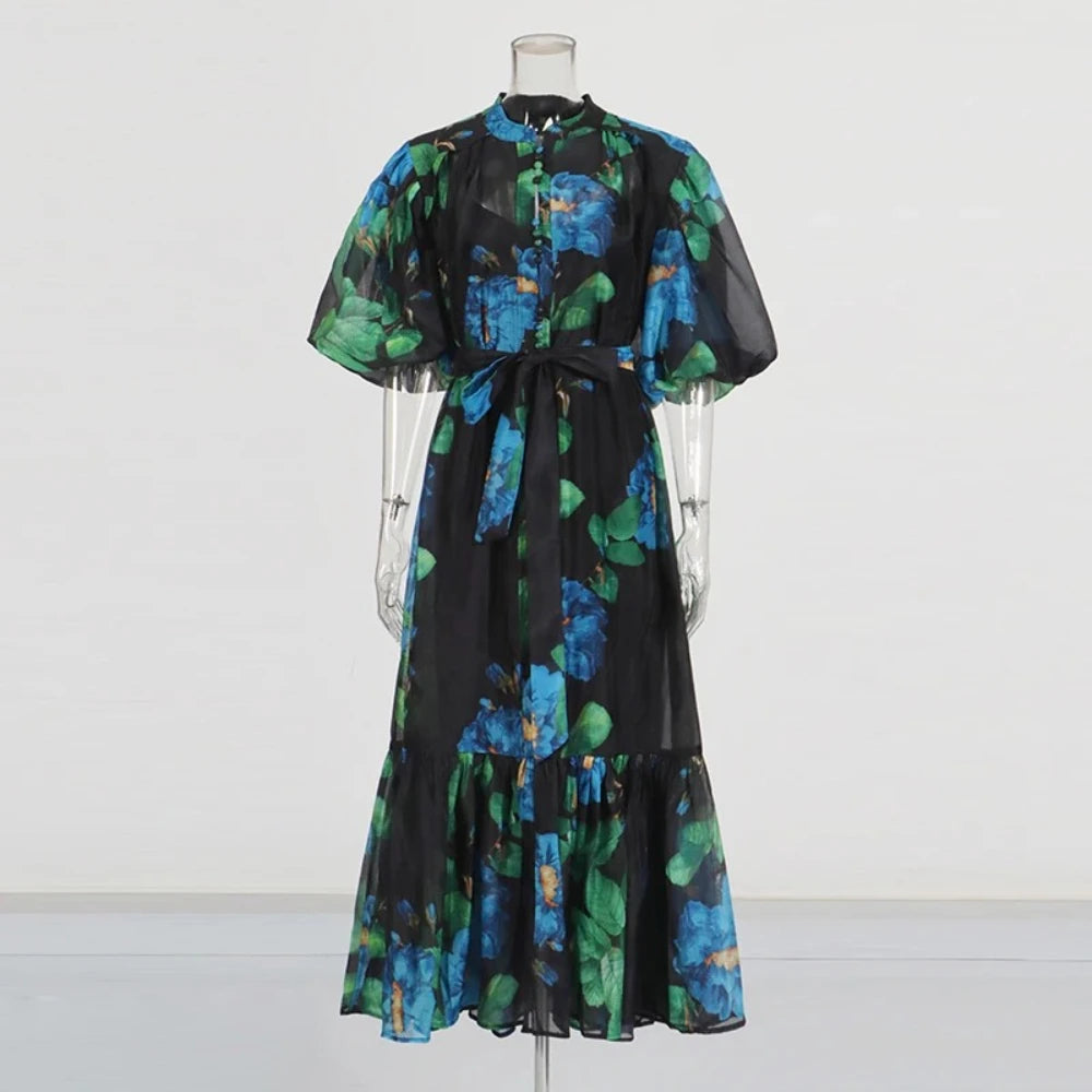 TWOTWINSTYLE Hit Color Spliced Printing Midi Dresses for Women Round Neck Short Sleeves Patchwork Lace Up Elegant Dress Female