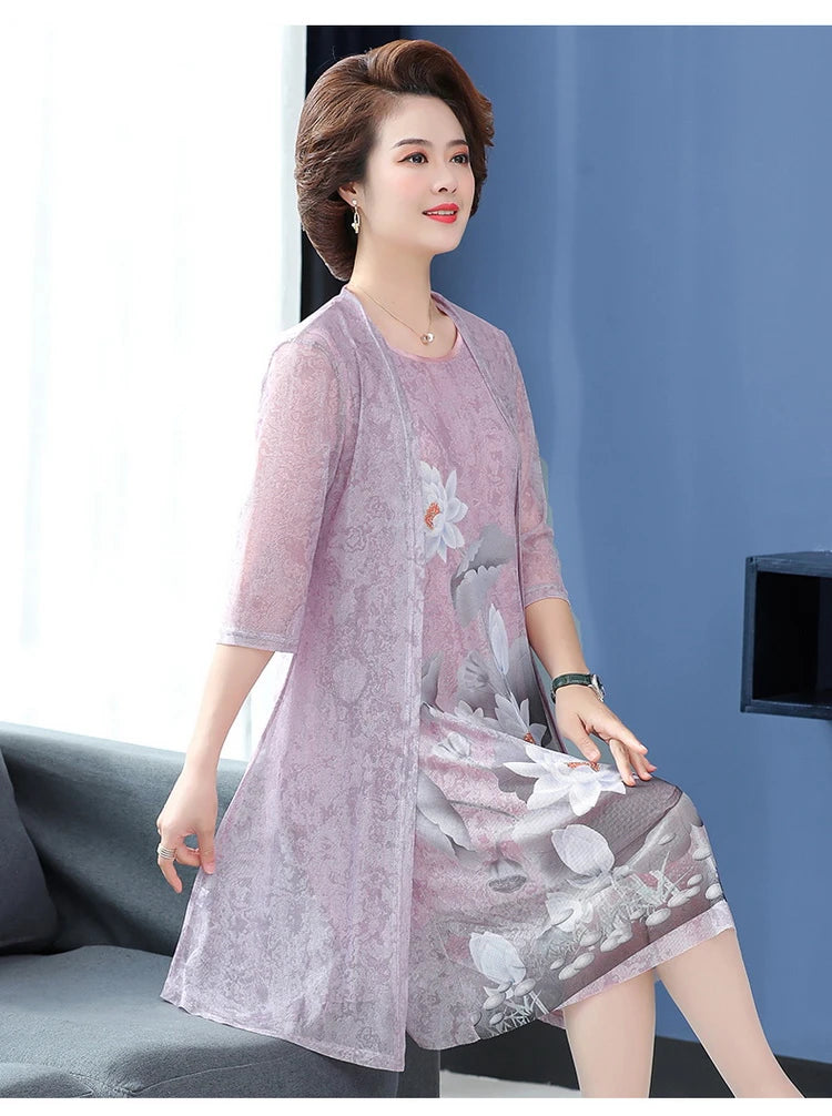 Elegant Dresses Women NEW Summer Casual Retro Temperament printing two Piece Set Dress Mother Dress plus Size