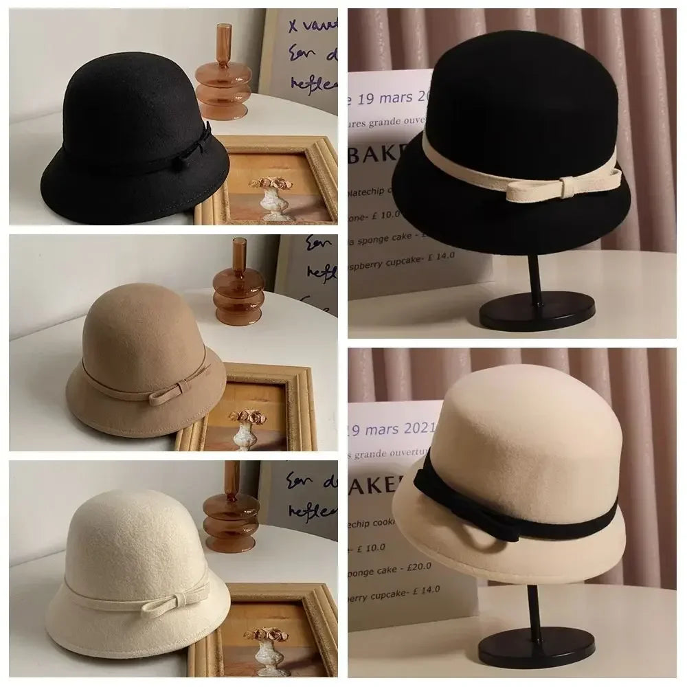 Women's Retro Hepburnesque Felt Hat - British Heiress Style with Bowknot, Formal Panama Cap for Autumn