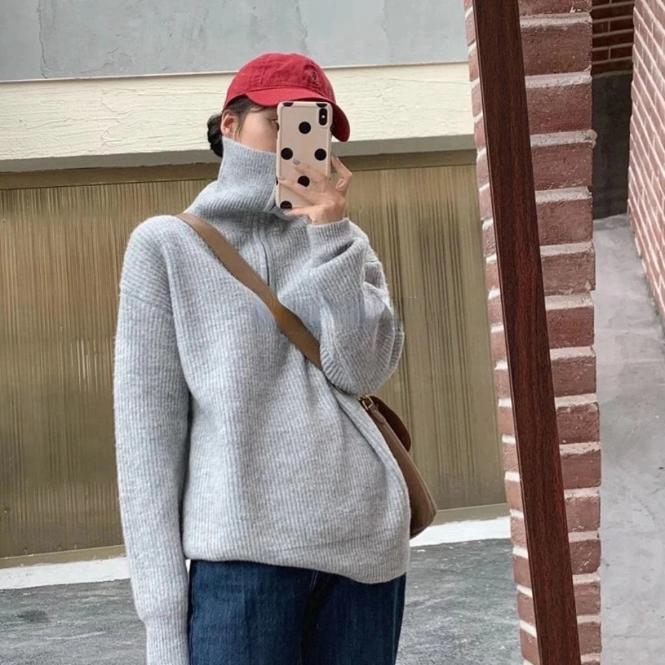Women's Sweaters 2025 Autumn Winter Long Sleeve Top Loose Knitted Turtleneck Zipper Fashion Pullover Women Oversized Sweater
