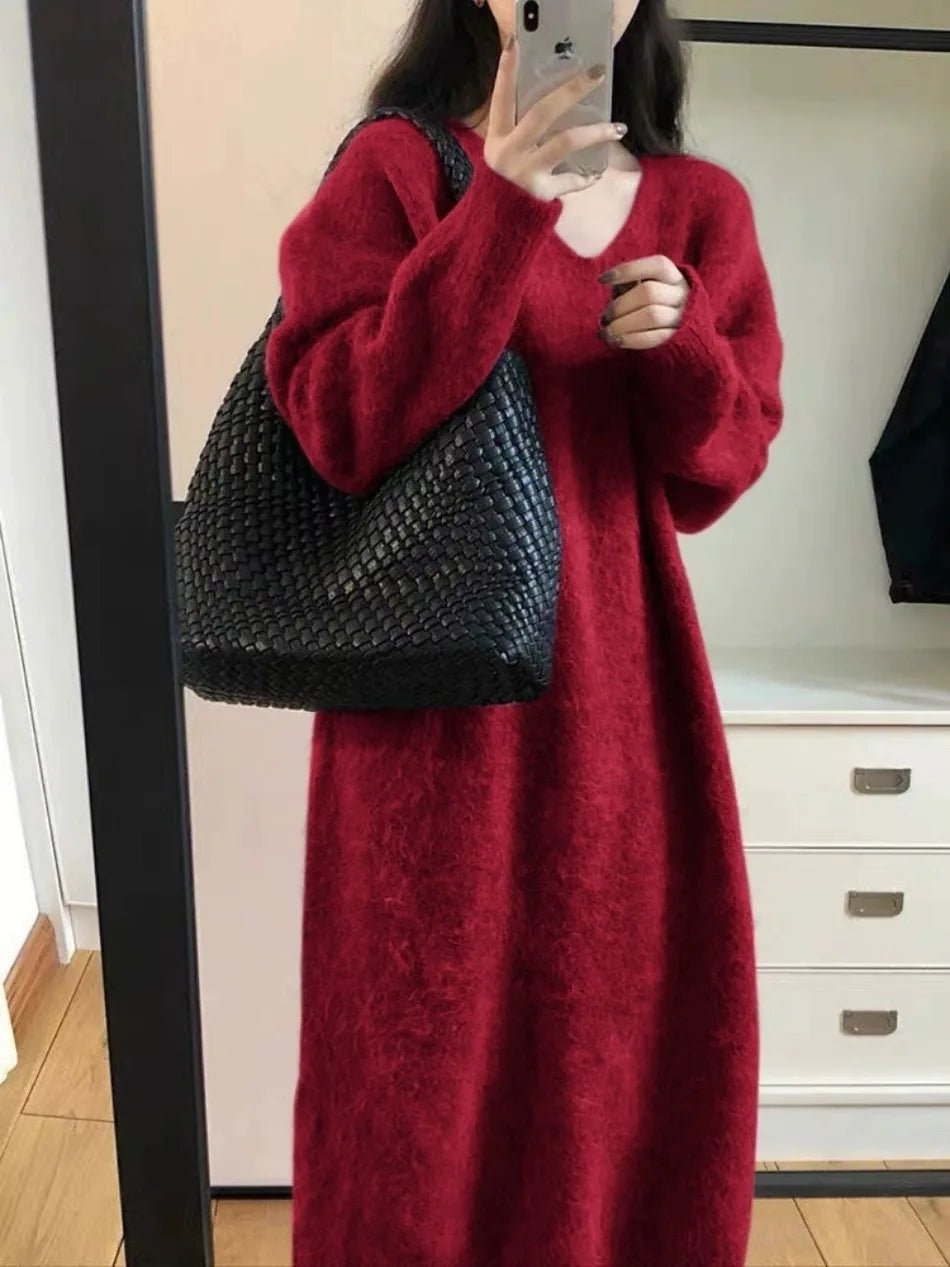 Sweater for Woman Autumn Winter Lazy Style V Neck Knitted Dresses Korean Fashion Casual Loose Thickened Warmth Sweaters Dress
