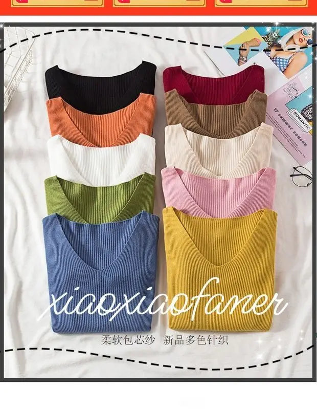 Women Sweater 2026 New Autumn Winter Long Sleeve Pullover Basic Top Fashion V-neck Elastic Female Winter Solid Knitted Jumper