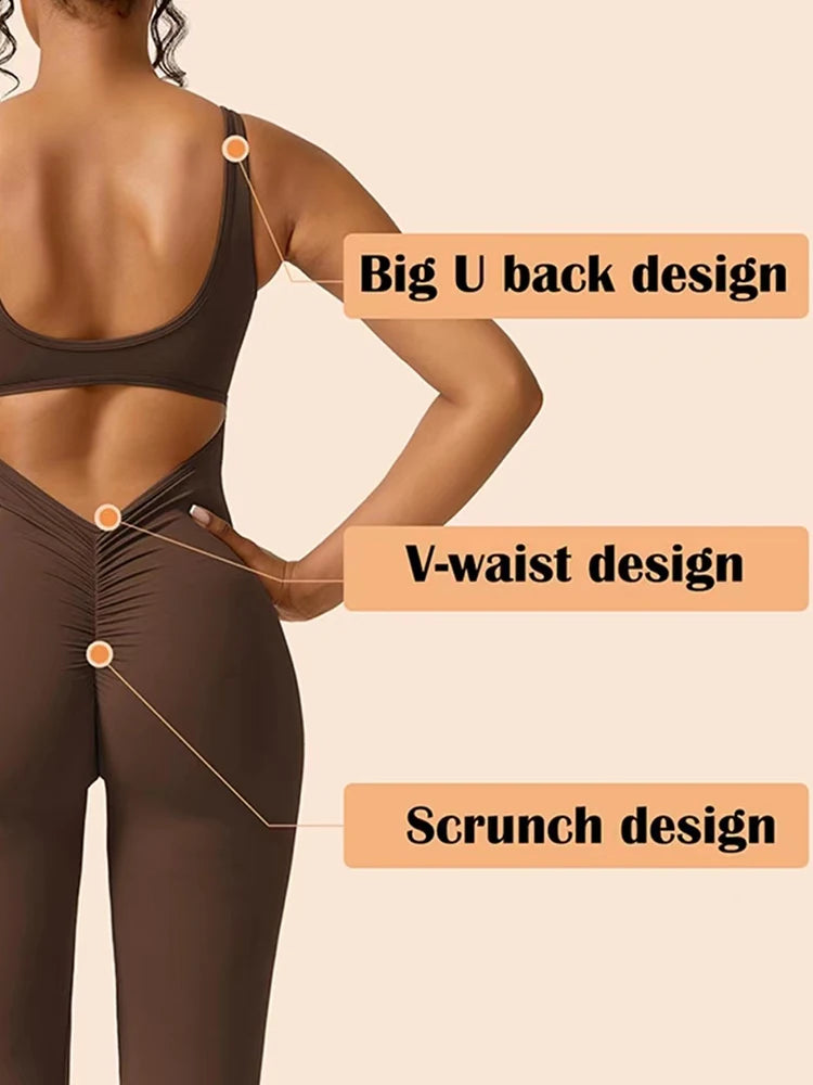 Women's Fitness Flared Bodysuit Sexy Backless Fitness Tight Waistband Hipless Yoga Bodysuit V Back Waistband Hip Lift