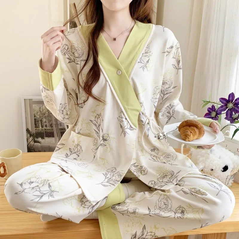 Menstrual Wear Spring, Fall and Summer Thin Postpartum Sweat Absorbent Maternity Pajamas Adjustable Breastfeeding Home Wear
