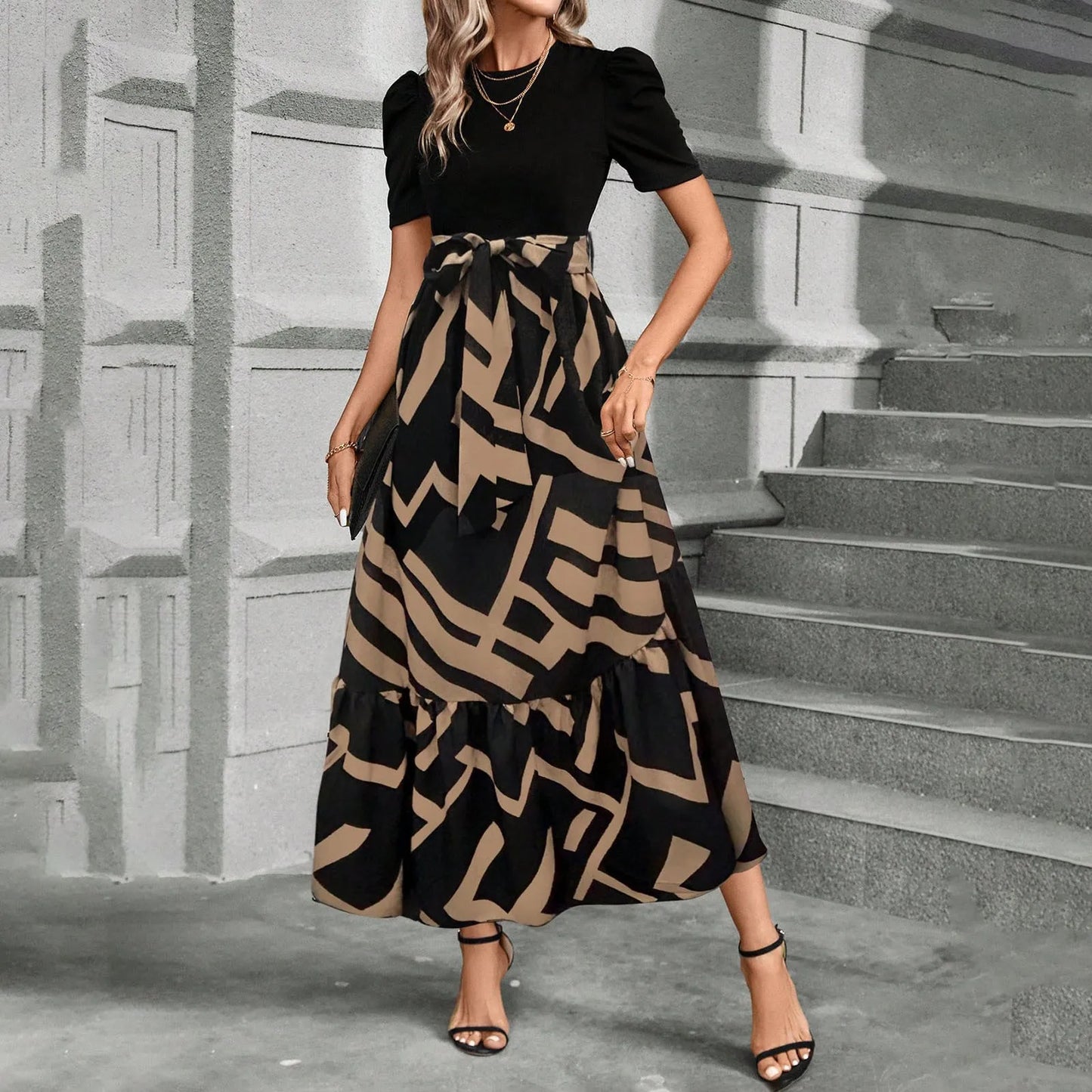 Elegant Women'S Dresses Floral Print High Waist Long Dresses Y2k Short Sleeved Round Neck Office Clothing Vestidos Para Mujer