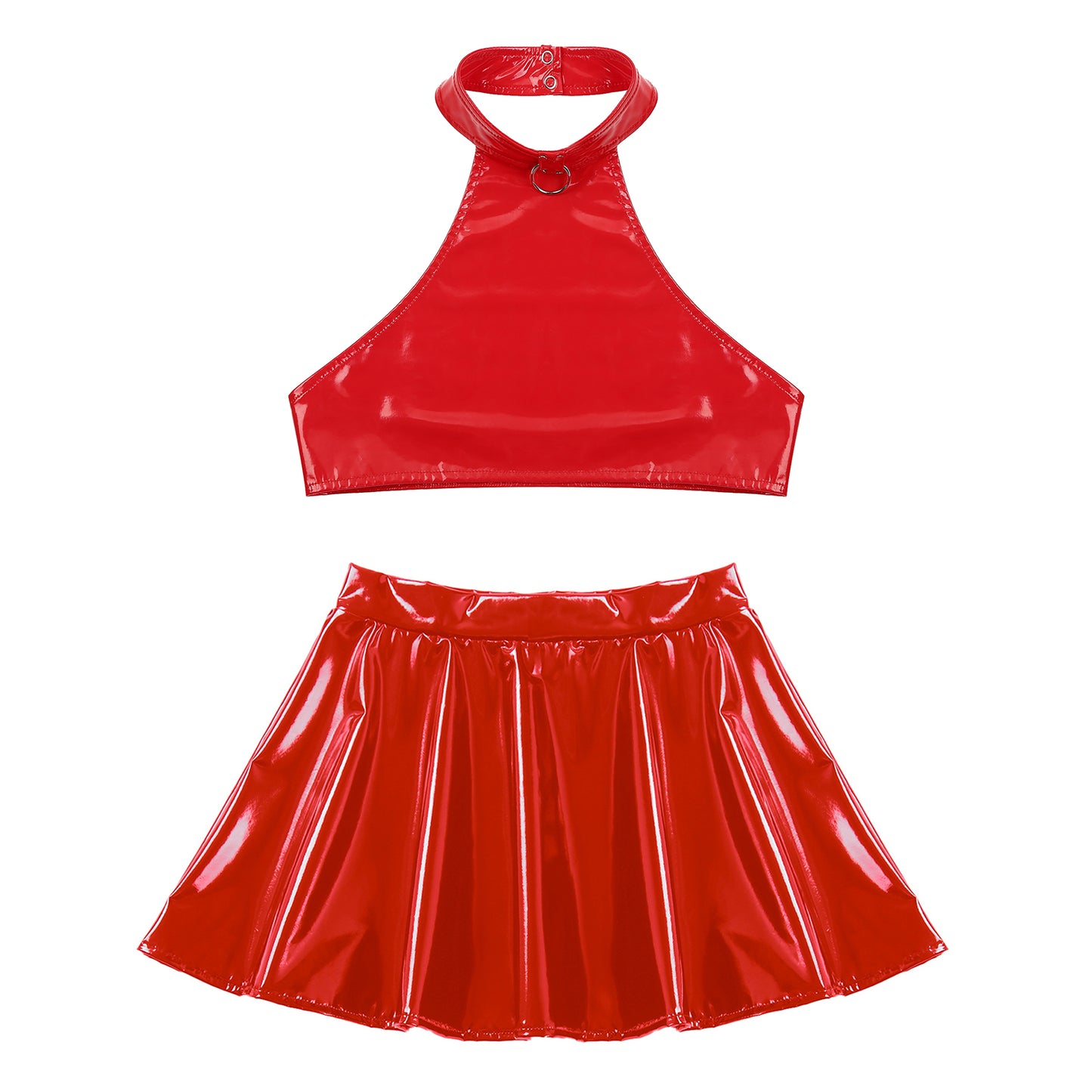 Womens Two Pieces Rave Party Outfits O Ring Halter Vest Tops Backless Patent Leather Crop Top with Invisible Zipper Flared Skirt