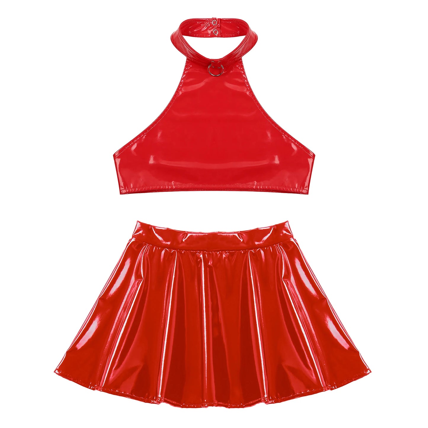 Womens Two Pieces Rave Party Outfits O Ring Halter Vest Tops Backless Patent Leather Crop Top with Invisible Zipper Flared Skirt