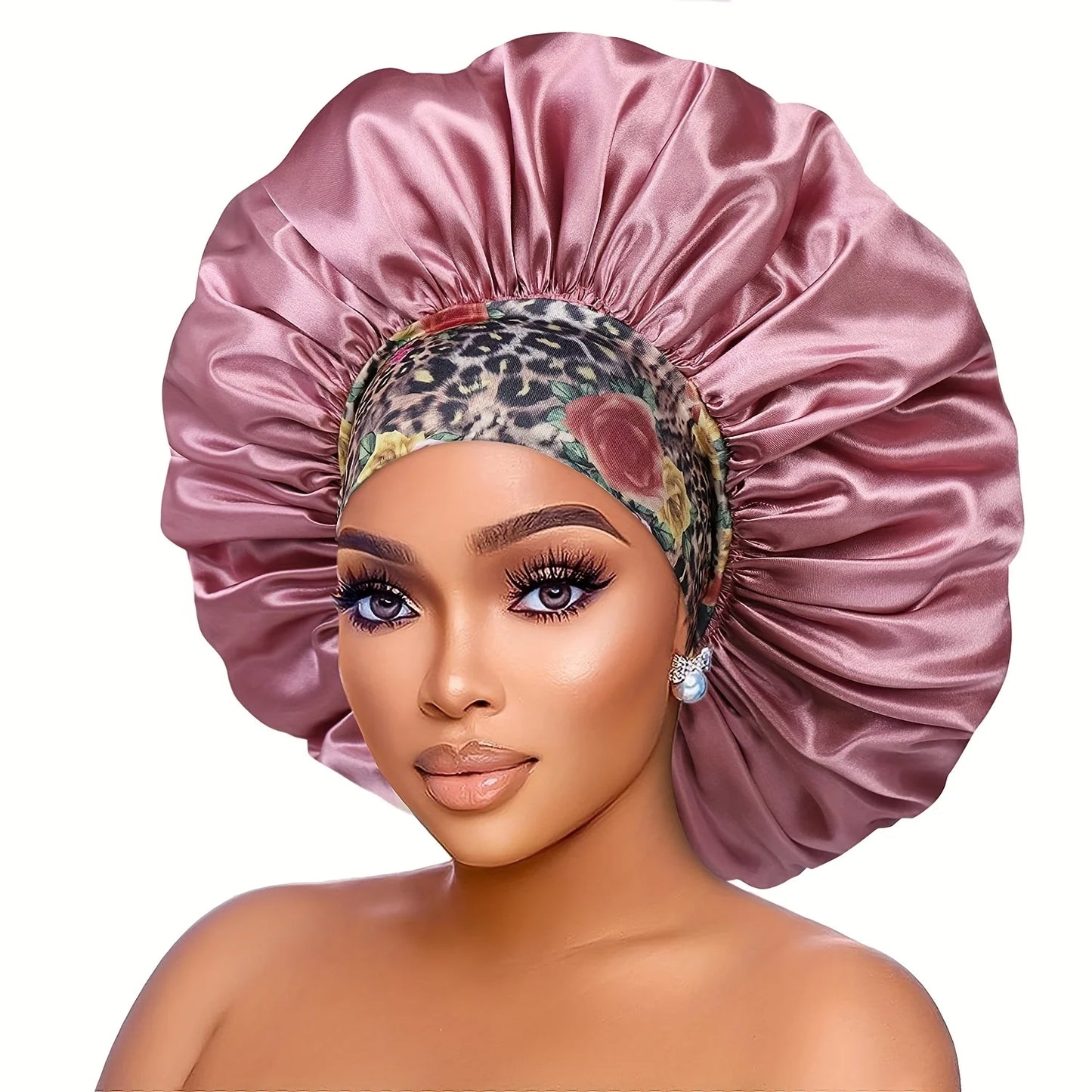 Women's Fashion Bonnet Flower Printed Hair Hat with Wide Edge Elastic Silk Smooth Satin Face for Daily Home Sleep Hat