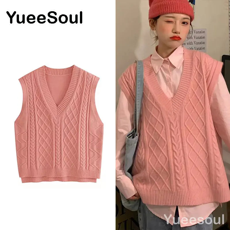 Sweet Kawaii Sweater Vest Printed Sleeveless Casual Outerwear Knitted Waistcoat 2023 Vintage Y2K Spring  E Girl Pullovers Tops