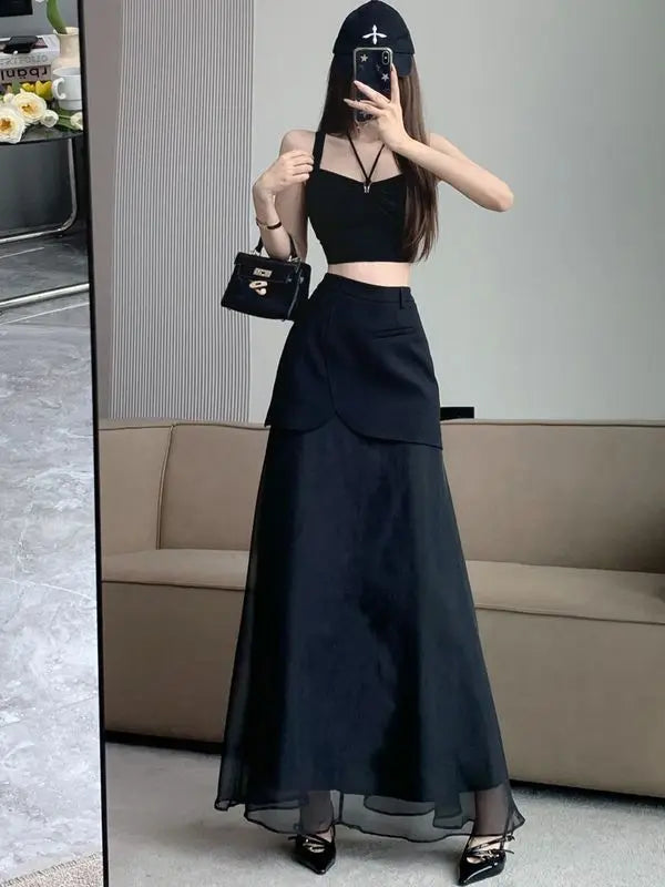 Fashion Skirts for Women All-match Black Cool Girls Summer High Waist Casual Ankle-length Loose A-line Patchwork New Fake 2 Pcs