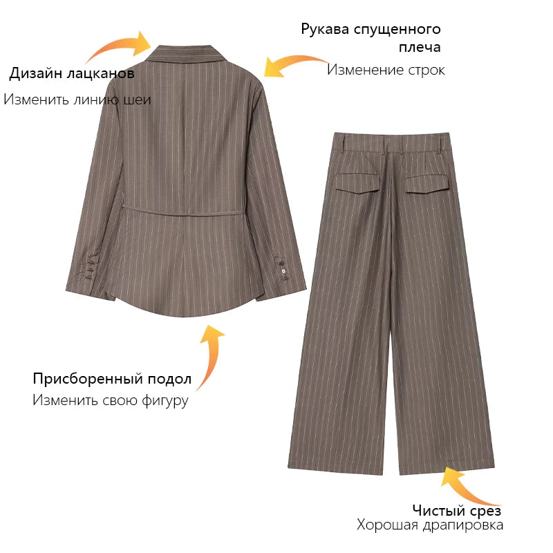 Women's Suit 2025 New Fashion Autumn Striped Shoulder Pads Belt Blazer and Pleated Pants Suit for Women Casual Chic Ladies Set