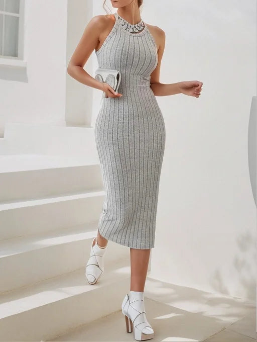 Women's sweater dresses, round neck, solid color, versatile, without belt, knitted sweater dress