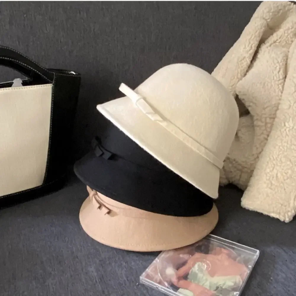 Women's Retro Hepburnesque Felt Hat - British Heiress Style with Bowknot, Formal Panama Cap for Autumn