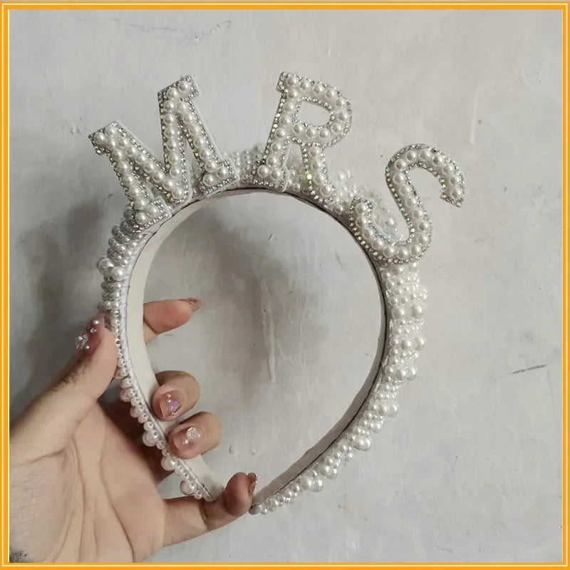 Bridal Hairband Pearl Crown with Headscarf Bride To Be Luxury WIFEY Hair Accessories Wedding Engagement Dinner Decoration Gift