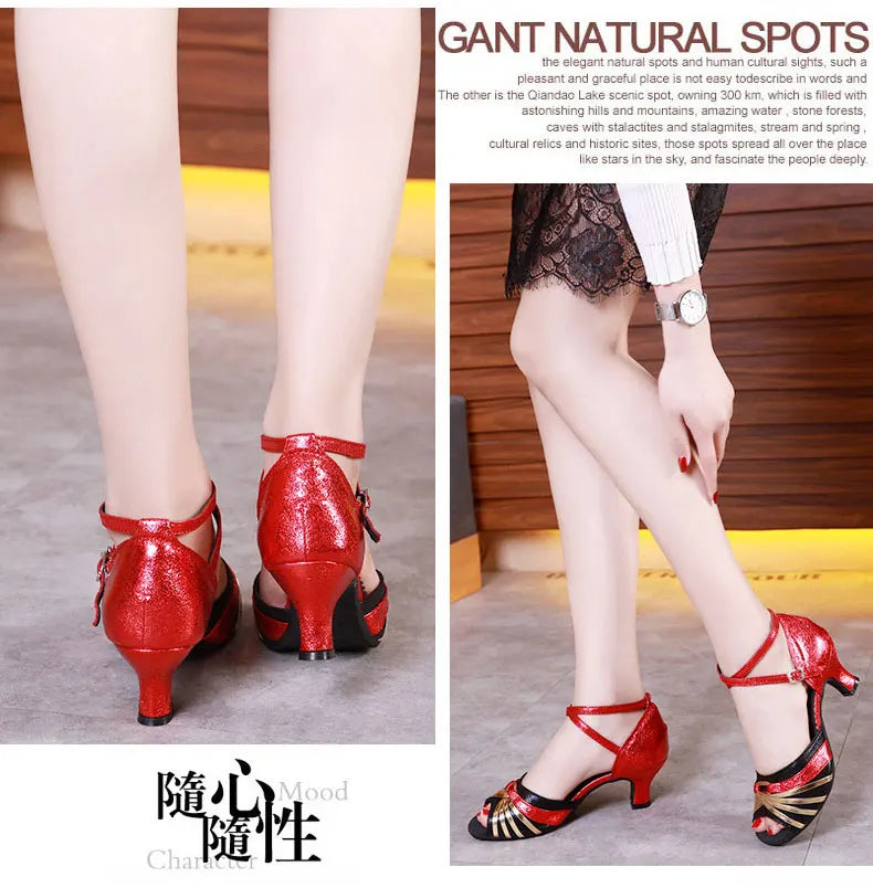 Women's Bachata Swing Salsa Latin Ballroom Dance Shoes Outdoor High Heels Peep Toe Performance Latin Dance Shoes for Woman