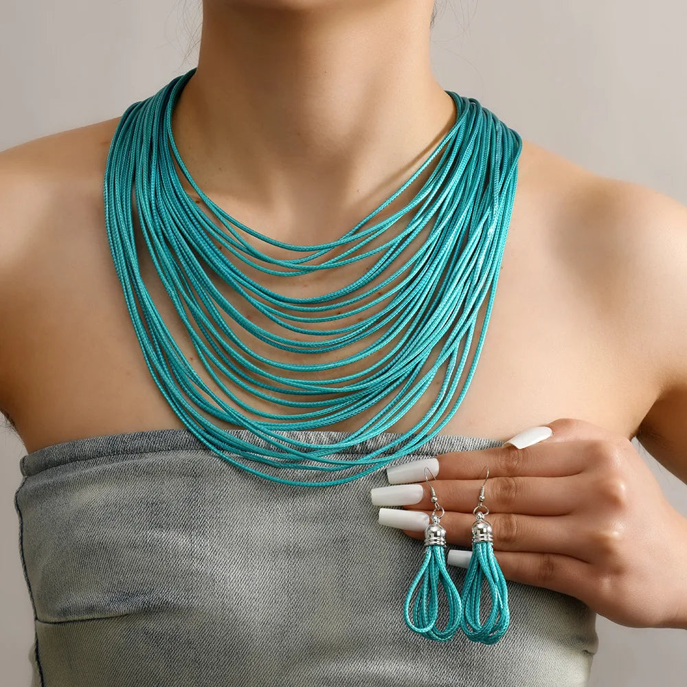Jewelry Sets for Women, Multi-layer Wax Thread Hand-woven Necklace, Fashion and Personality Choker + Dangle Earrings