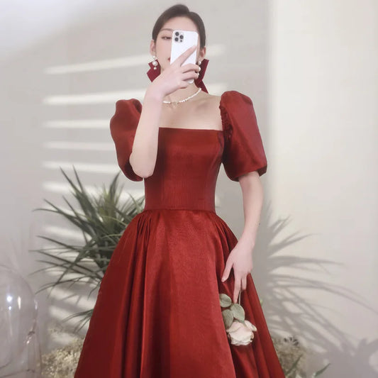 Bridal Engagement Toast Dress With Bubble Sleeves Wine Red Engagement Banquet Elegant Dress Formal Attire Customized