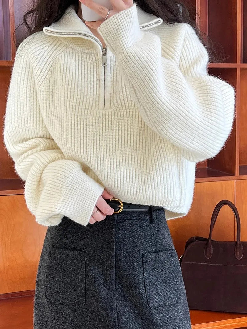 Sweater Pullover Women Autumn Winter 2025 New Zipper Underlay Loose Short Style Popular Premium Sweater Female Tops