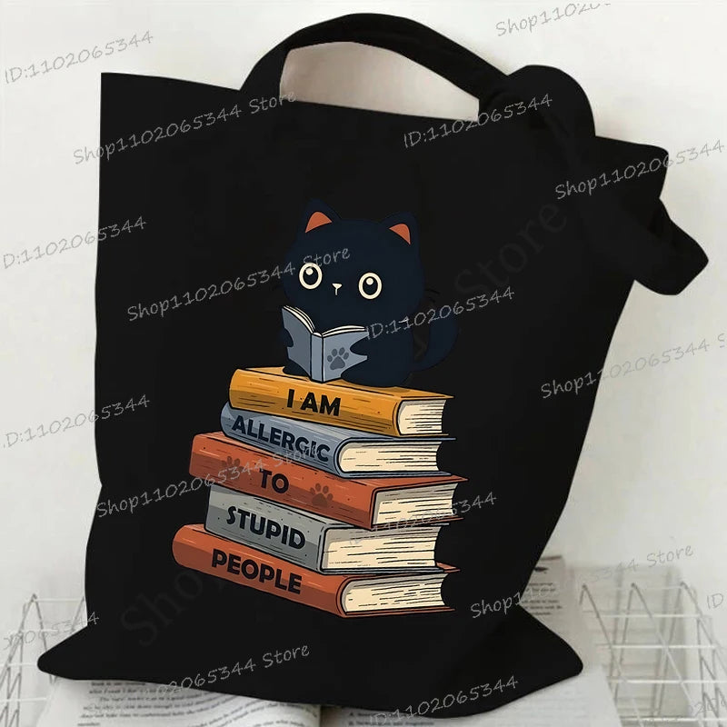 Women's Handbags Meme Cat Funny Canvas Shopping Bags Cartoon Animal Shoulder Bag Folding Reusable Tote Bags For Women Men