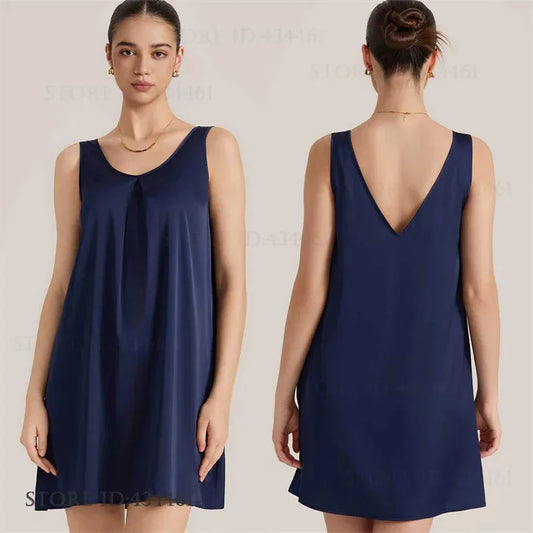 Women Nightgown Lingerie Ice Silk Sleepwear Sexy Nightshirt Sleeveless Night Dress Sleep Shirt Female Sexy Home Dress Loungewear