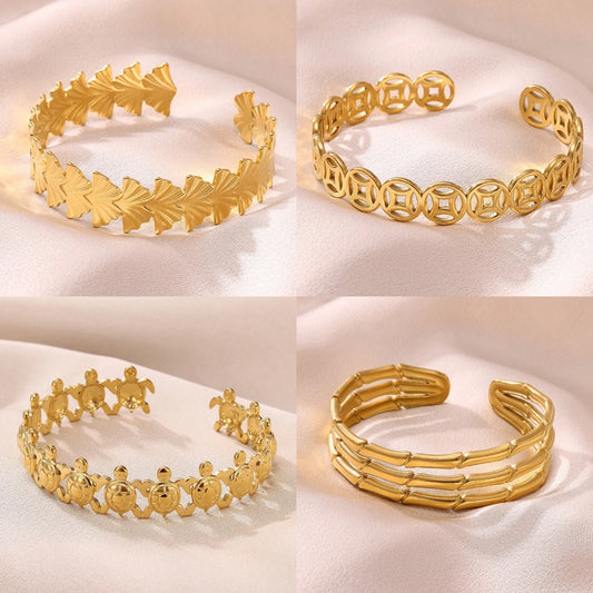 Cuff Bangles For Women Gold Color Punk Geometric Ginkgo Open Bracelet Turtle Jewelry Stainless Steel Waterproof Summer Party