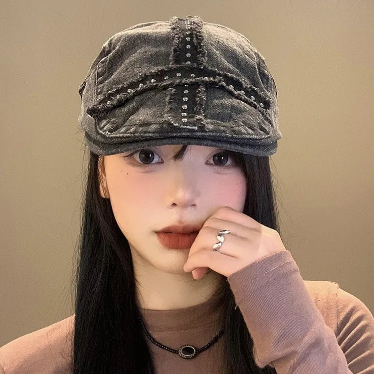Women's Balck Hats Large Cap Retro Black Denim Riveted Washed Aged Beret American Hat Trend Chapeau Vintage Hot Girl Y2k Hats