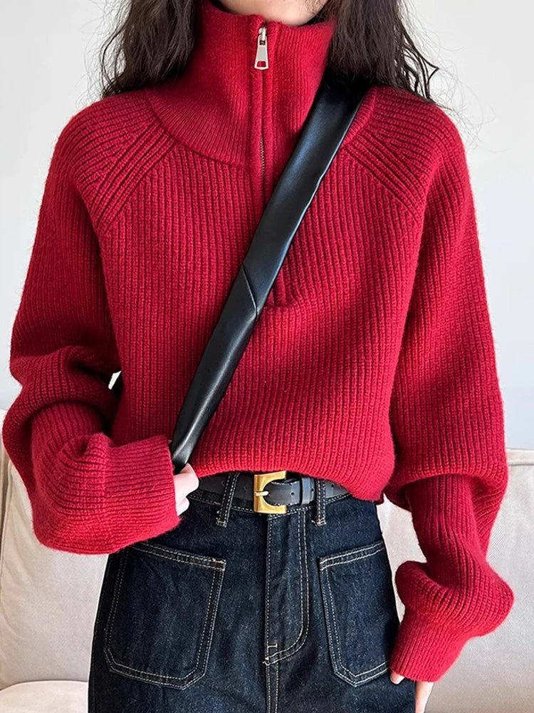 Sweater Pullover Women Autumn Winter 2025 New Zipper Underlay Loose Short Style Popular Premium Sweater Female Tops