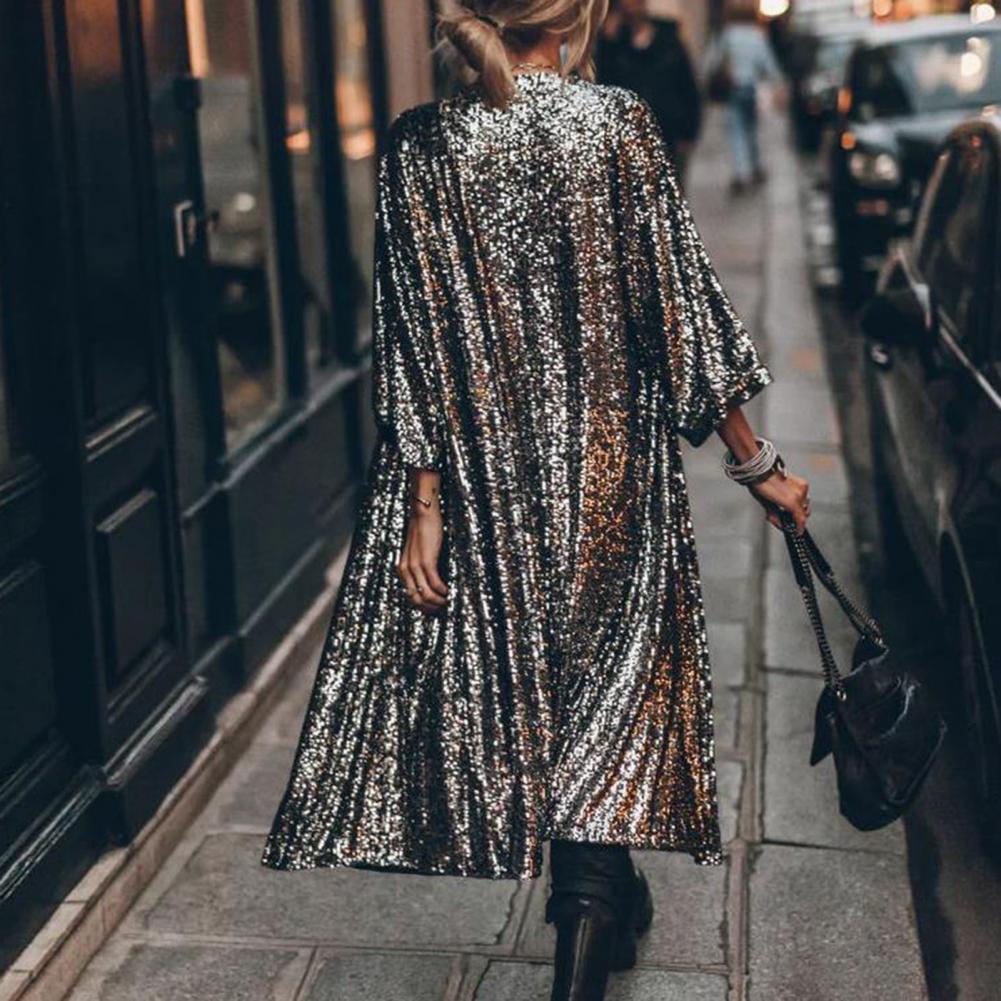Women Coat Comfy Loose Outerwear Outwear Windproof  Stylish Shining Sequins Cardigan Jacket Top
