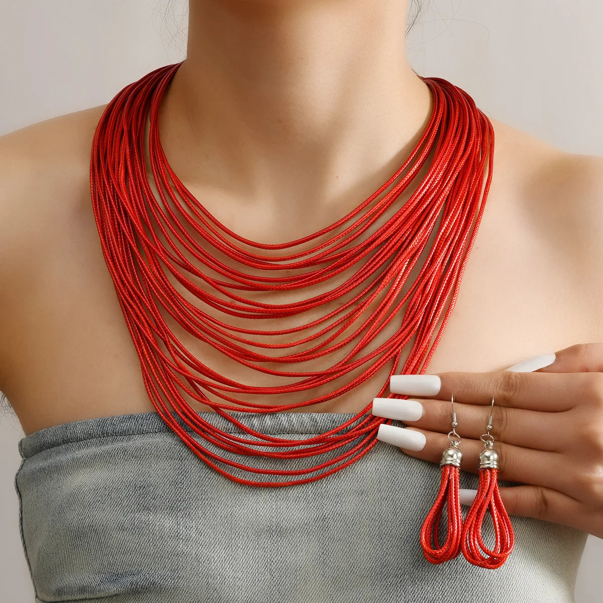 Jewelry Sets for Women, Multi-layer Wax Thread Hand-woven Necklace, Fashion and Personality Choker + Dangle Earrings